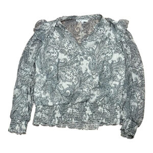 Cleo Blouse Womens Large Gray Paisley Ruffle Long Sleeve Sheer Lined Top Elegant